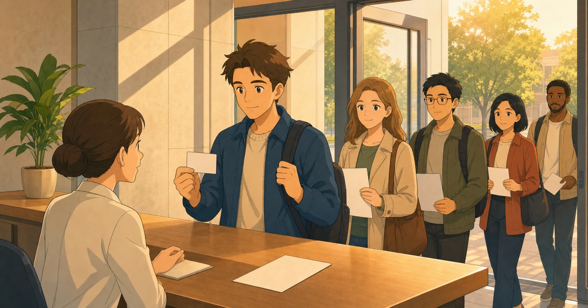 Candidates arriving at the exam room in the morning, ID check at the door before the Czech exam