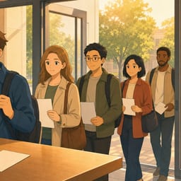 Candidates arriving at the exam room in the morning, ID check at the door before the Czech exam