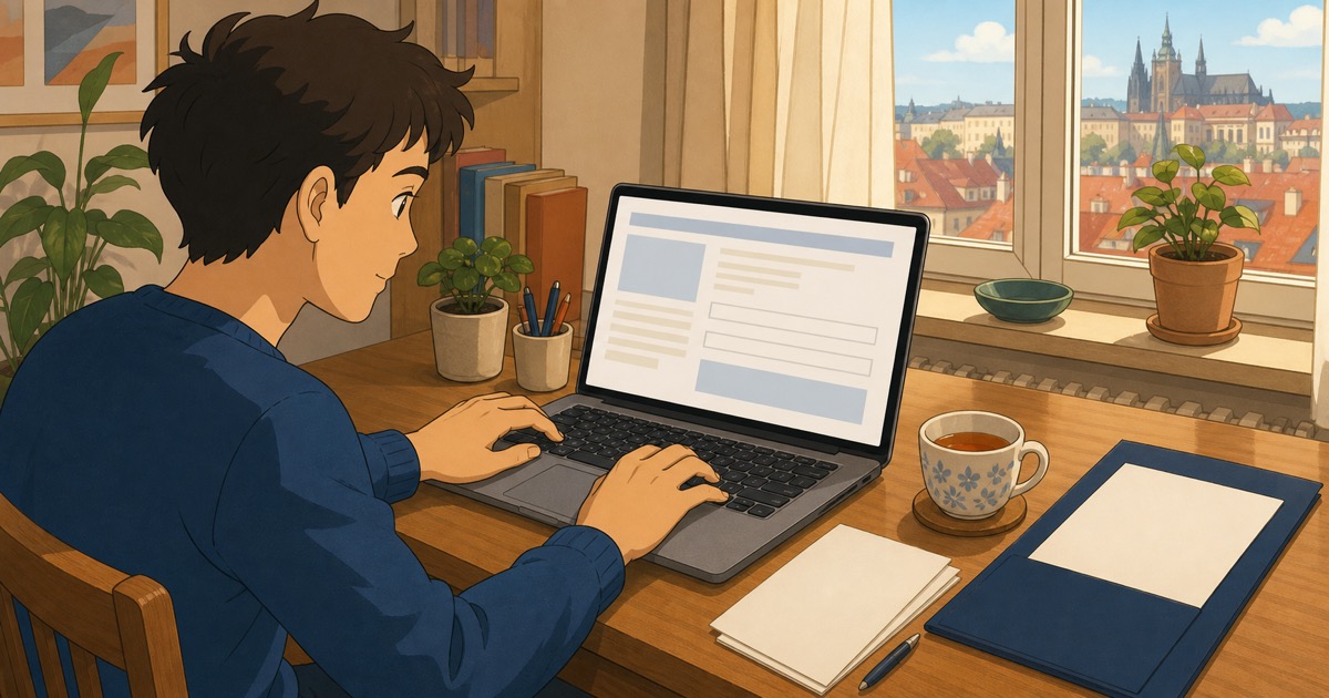 A person filling out a registration form for the Czech language exam for foreigners on a computer