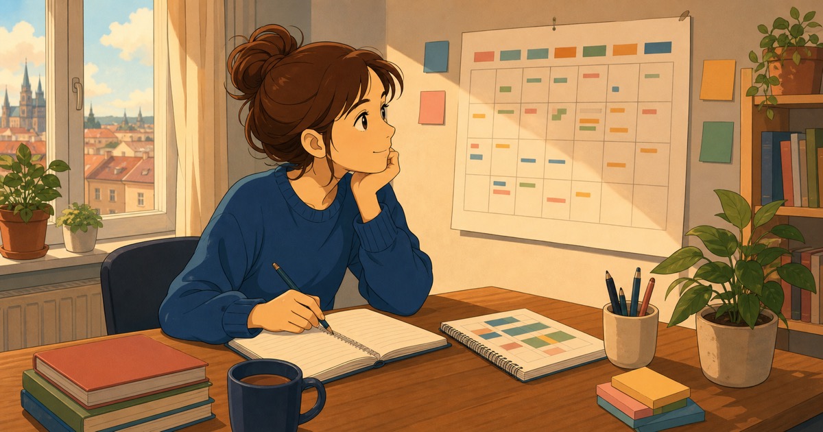 A person at a desk with books and notes planning study for the Czech language exam