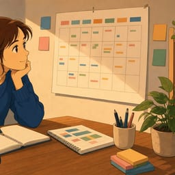 A person at a desk with books and notes planning study for the Czech language exam