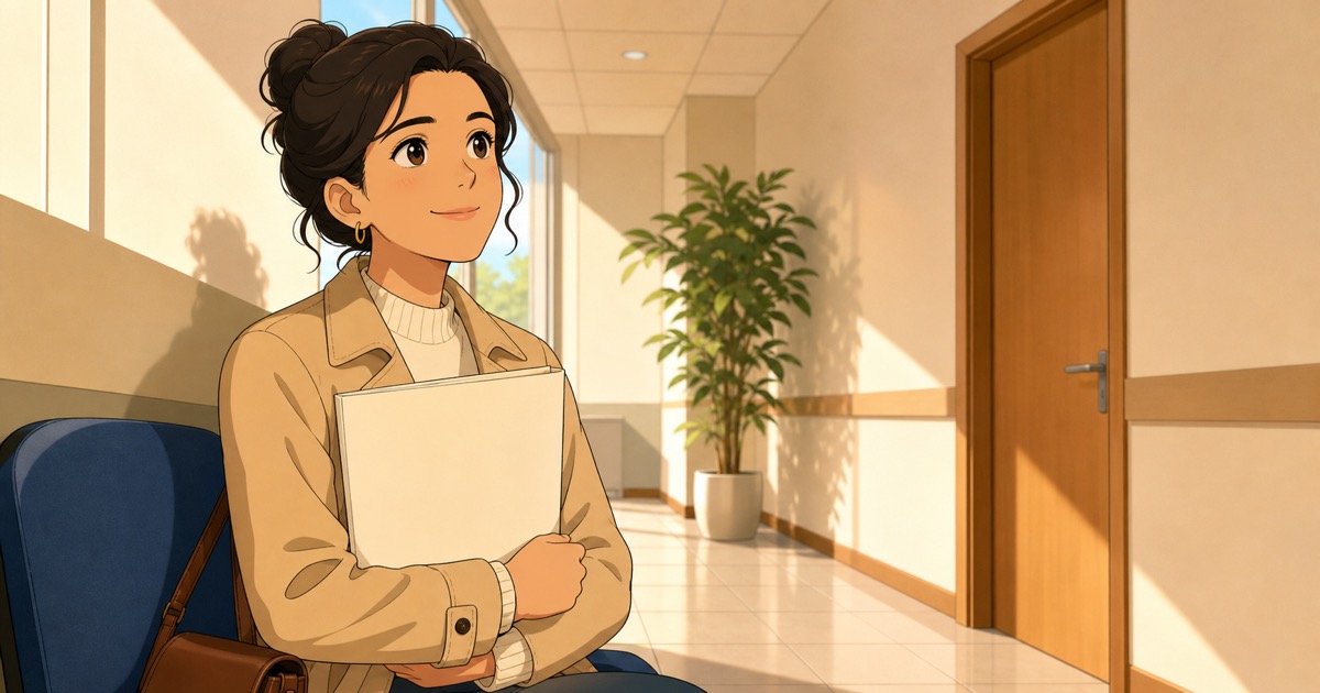 A candidate waiting nervously outside the exam room, holding a folder of documents