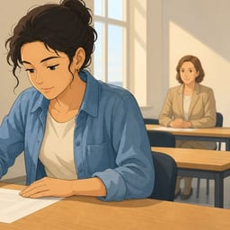 A candidate sits at a desk in an exam room taking the written part of the Czech language exam
