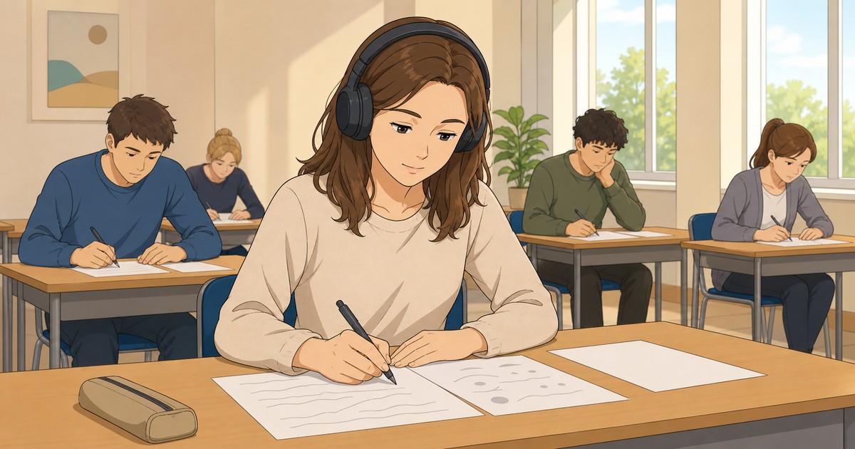 A candidate wearing headphones works on the written part of the Czech language exam at a desk