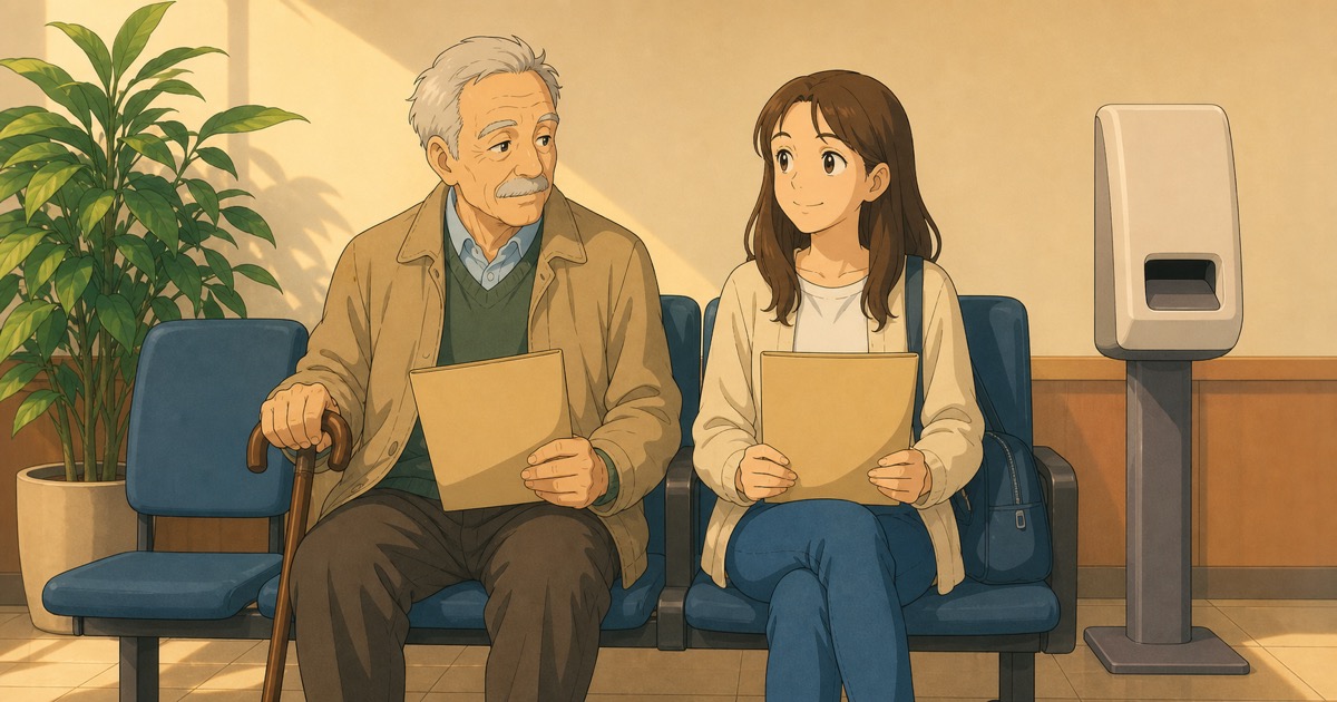 An older man and a young student sit in an office waiting room holding documents