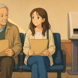 An older man and a young student sit in an office waiting room holding documents