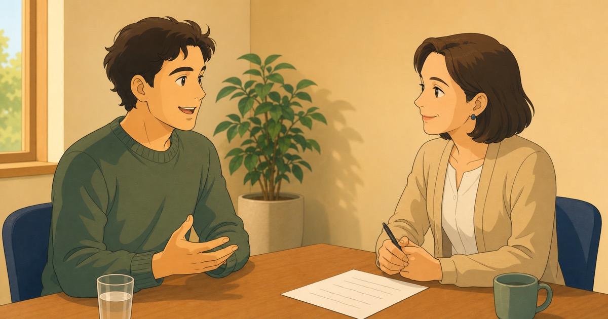Thí sinh trò chuyện với giám khảo bên bàn có các thẻ tranh trong kỳ thi nói A2 tiếng Séc