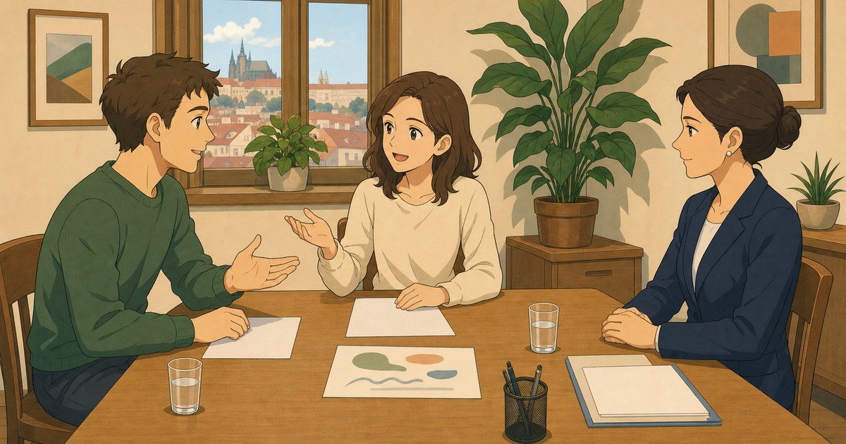 Two candidates discussing an assigned topic together during the Czech B1 exam