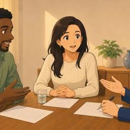 Two candidates and an examiner at a table during the oral part of the Czech exam