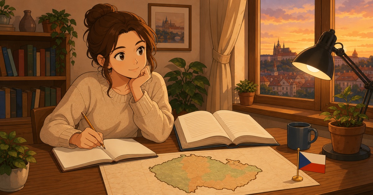 A citizenship applicant studies at a table with a Czech textbook and a map of the Czech Republic