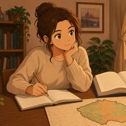 A citizenship applicant studies at a table with a Czech textbook and a map of the Czech Republic