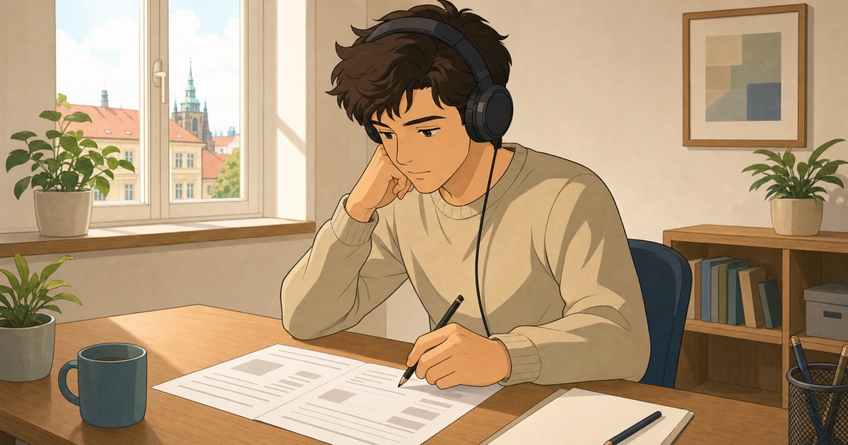 A candidate at a desk wearing headphones working through listening and reading tasks for the Czech exam