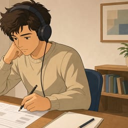 A candidate at a desk wearing headphones working through listening and reading tasks for the Czech exam