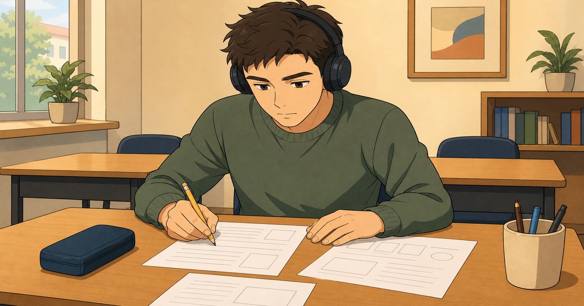 A candidate at a desk wearing headphones working through listening and reading tasks for the Czech exam