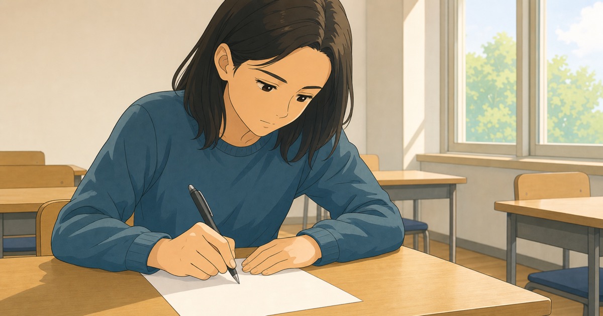 A candidate at a desk handwriting text during the written part of the Czech exam