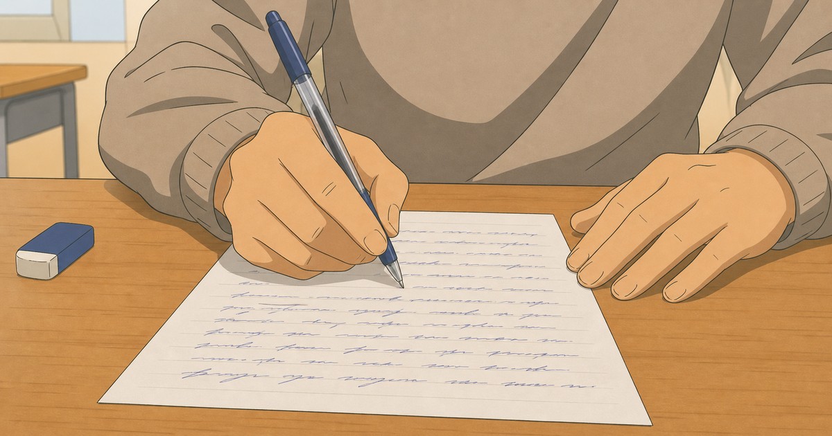 Close-up of hands writing with a pen on paper during the exam