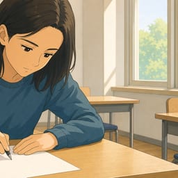 A candidate at a desk handwriting text during the written part of the Czech exam