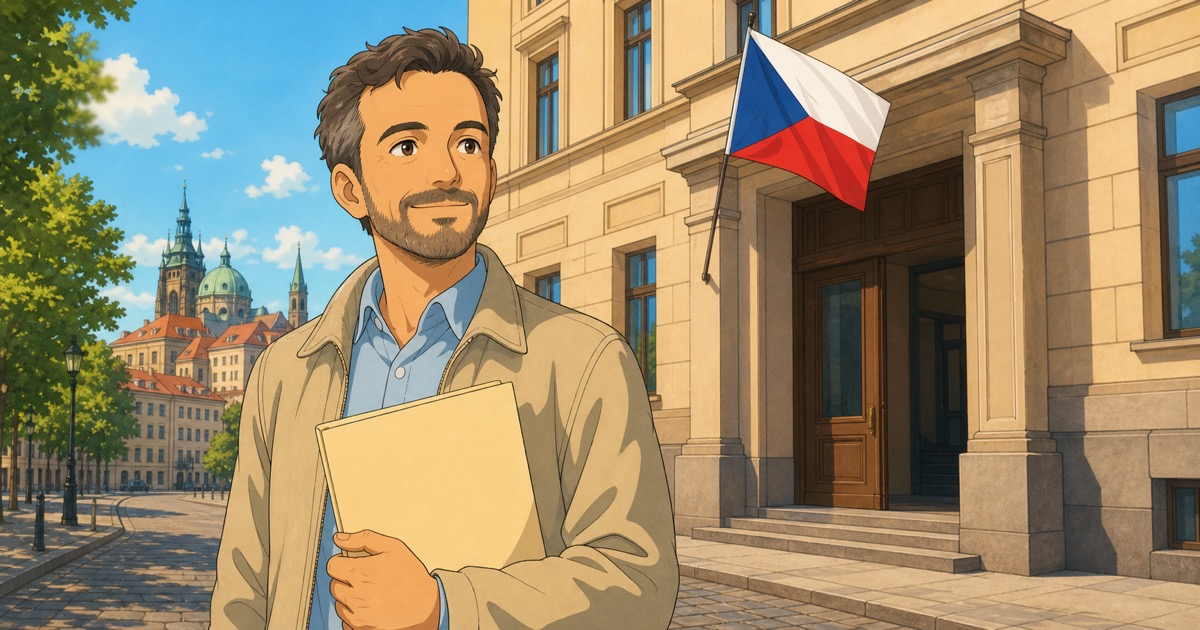 A permanent residency applicant holds a folder of documents in front of an office building