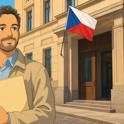 A permanent residency applicant holds a folder of documents in front of an office building