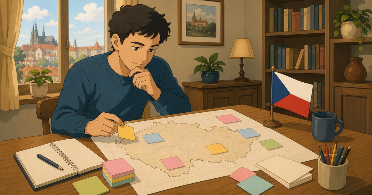 An applicant for Czech citizenship studies for the civics exam — a map and notes on state institutions on the desk