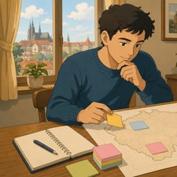 An applicant for Czech citizenship studies for the civics exam — a map and notes on state institutions on the desk